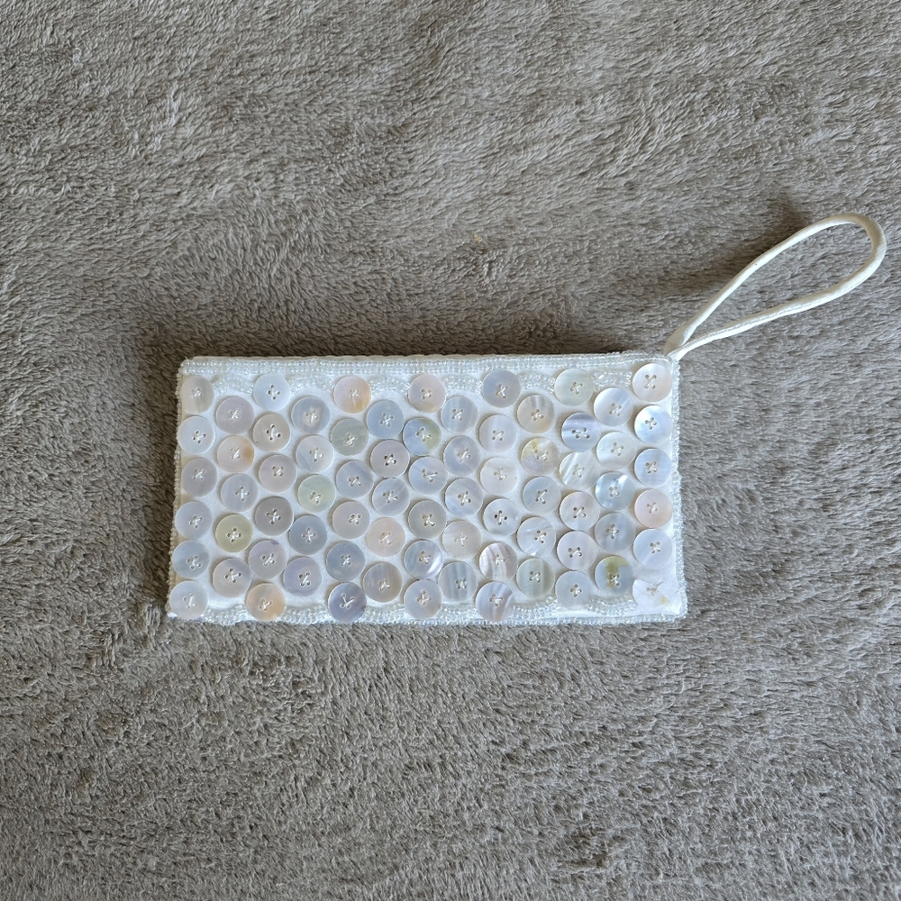 Satin Wristlet With Mother Of Pearl Buttons And Beading